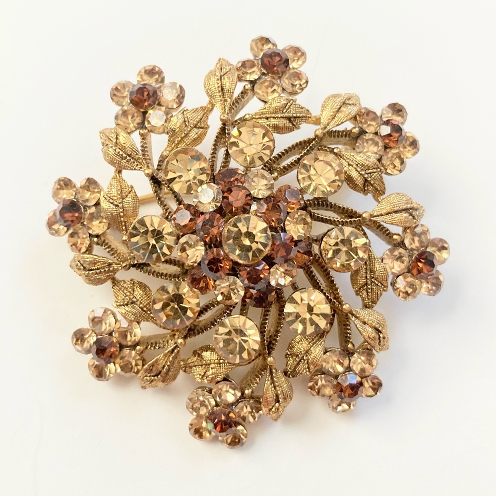 Amber and Brown Rhinestone Flower Brooch/Pendant